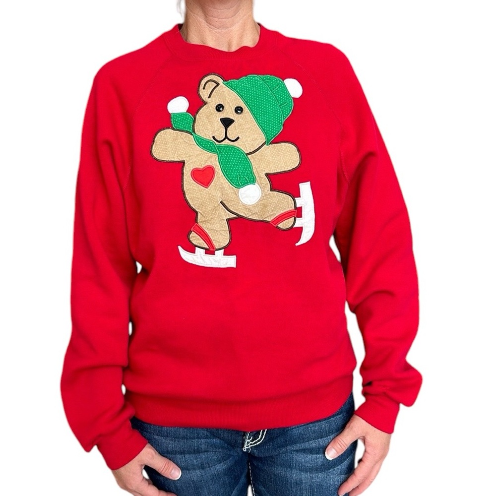 Vintage‎ Bassett-Walker Teddy Bear on Ice Skates Ugly Christmas Sweater Red L